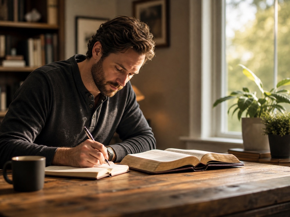 Bible study desk with notes
