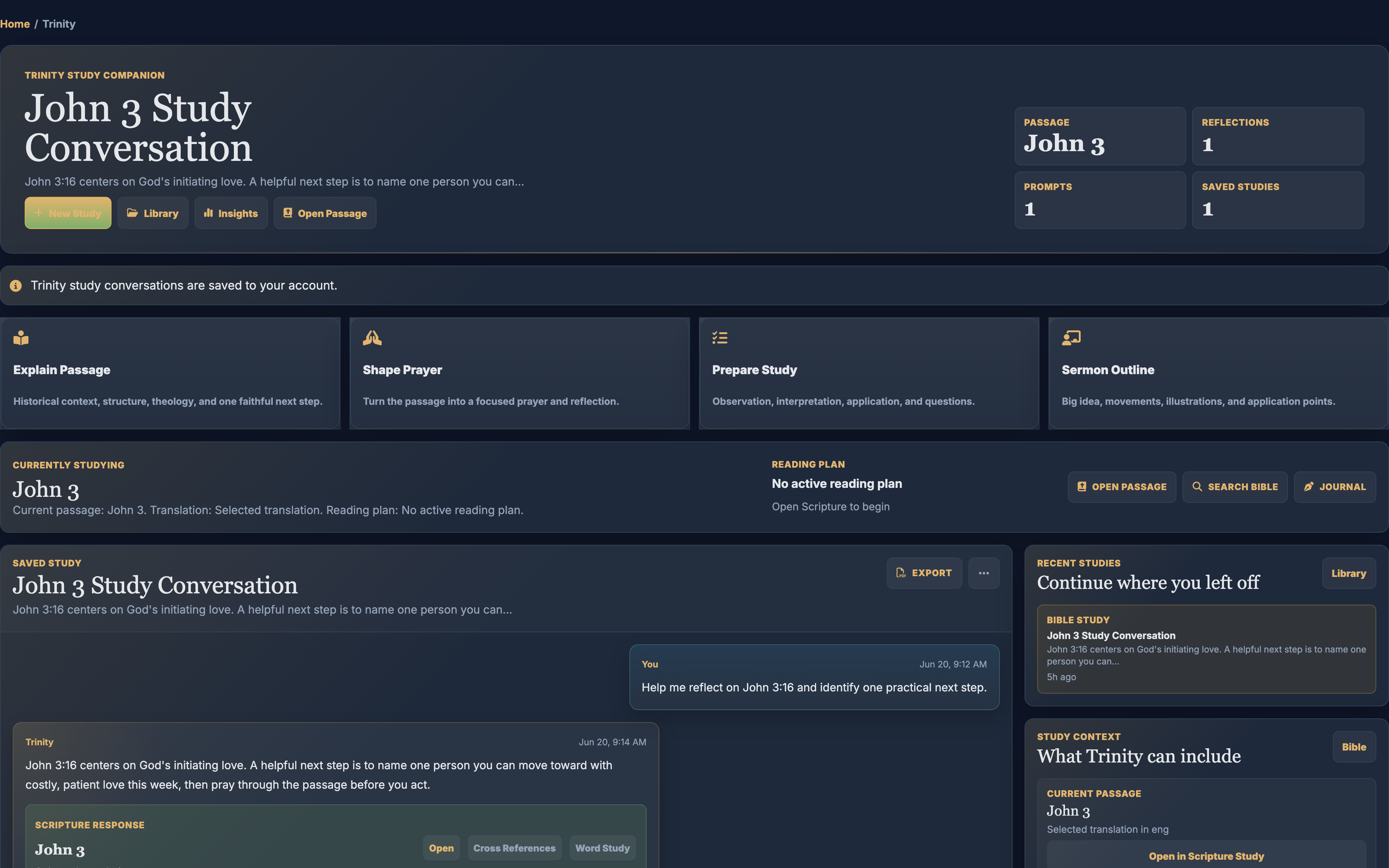 FollowersPath Trinity AI conversation for Scripture study